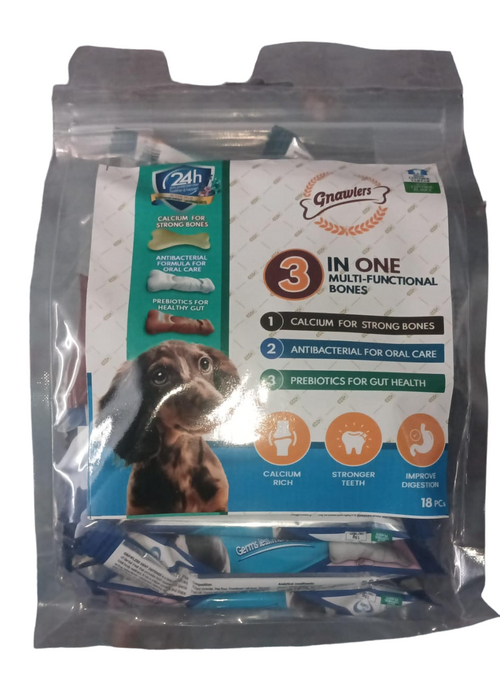 Gnawlers 3 In 1 Multi-Functional Bone Dog Treat, 18 Pc