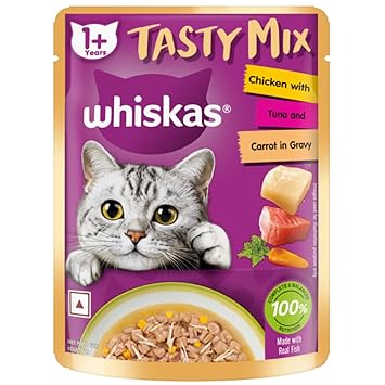 Whiskas Adult (1+ Year) Tasty Mix Wet Cat Food Made with Real Fish, Chicken with Tuna and Carrot in Gravy, 80g Ingredients