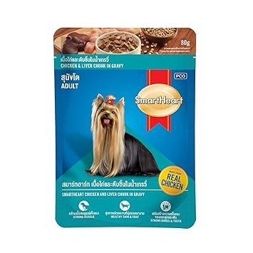 Smart Heart Pouch Adult Wet Dog Food, Chicken & Liver Chunk in Gravy 80g (Pack of 24)
