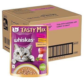 Whiskas Adult (1+ year) Tasty Mix Wet Cat Food Made With Real Fish, Tuna With Kanikama And Carrot in Gravy, 80g Ingredients