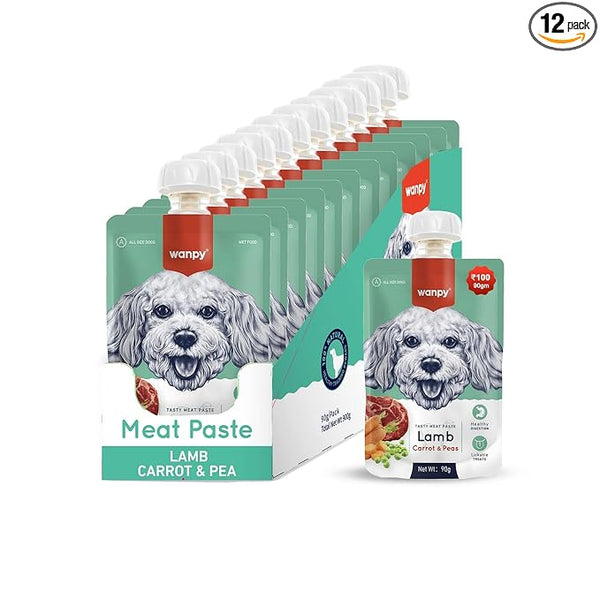 Wampy Lickable Creamy Meat Paste for Dogs with Lamb, Carrot & Peas Flavours, 90 G, (Pack of 9),All Life Stages Ingredients