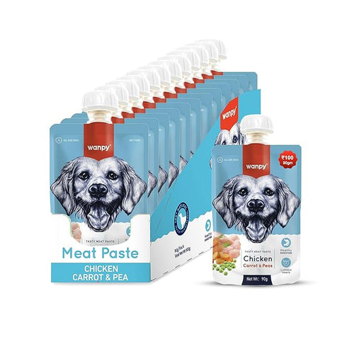 Wampy Lickable Creamy Meat Paste for Dogs with Chicken, Carrot & Peas Flavours, 90 G, (Pack of 12),All Life Stages