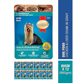 Smart Heart Pouch Adult Wet Dog Food, Chicken & Liver Chunk in Gravy 80g (Pack of 12)