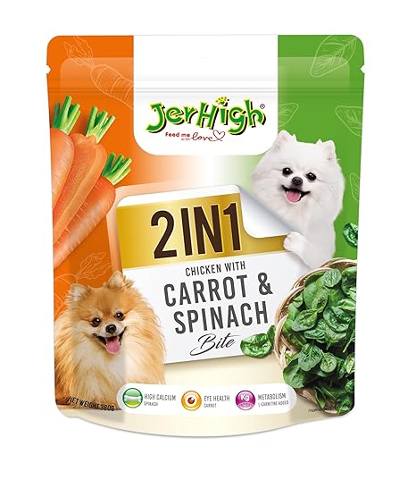 JerHigh 2 in 1 Chicken with Carrot & Spinach Bite for Dog All Life Stages, 380 gm Ingredients