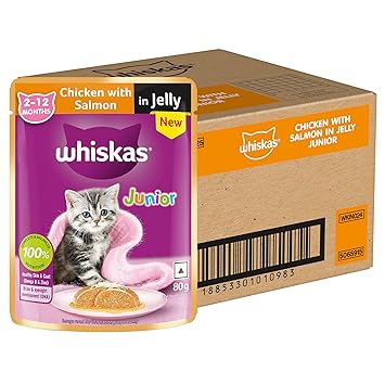 Whiskas Kitten Chicken with Salmon in Jelly, 80g - 1 Box (54 Piece)