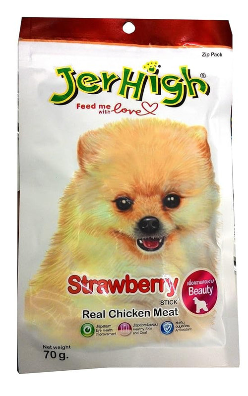 JerHigh Strawberry Stick Chicken Meat Snacks for Dog- All Life Stages, 70g (Pack of 12)
