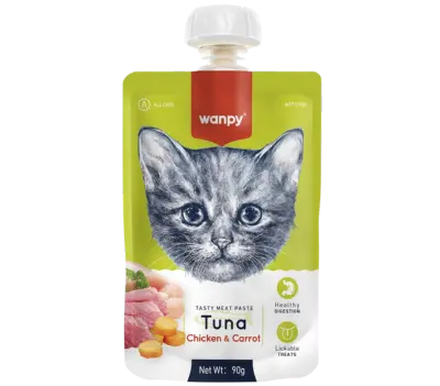Wampy Lickable Creamy Meat Paste Cat Treats with Tuna Chicken & Carrot Flavours, 90g, (Pack of 12) Ingredients