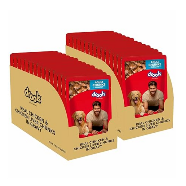 Drools Real Chicken & Chicken Liver Chunks in Gravy Adult Dog Wet Food (150g X 30) Pack of 30 Ingredients
