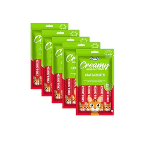 Drools Creamy Lickable Cat Treat Crab & Chicken (Pack of 5 Pouches, 375g), All Life Stages Ingredients