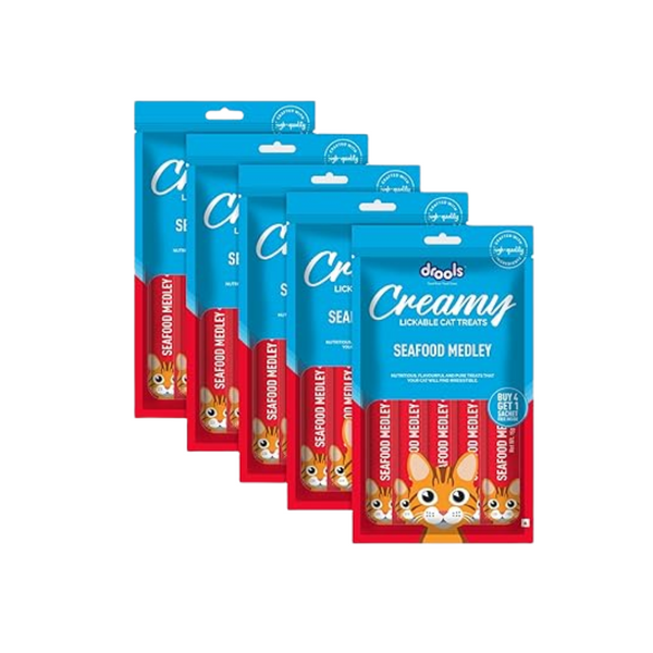 Drools Creamy Lickable Cat Treat Seafood Medely (Pack of 5 Pouches, 375g), All Life Stages Ingredients