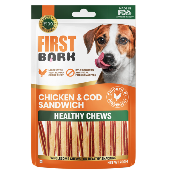 First Bark Chicken & Cod Sandwich Healthy Chews Dog Treats, 70g Ingredients