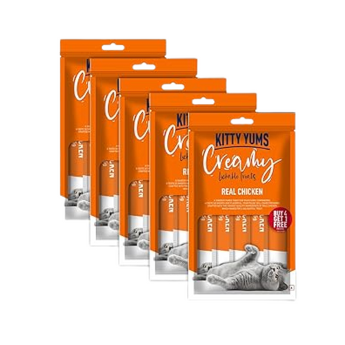Kitty Yums Creamy Lickable Cat Treat, Real Chicken Flavour (Pack of 5 Pouches, 375G) for All Life Stages