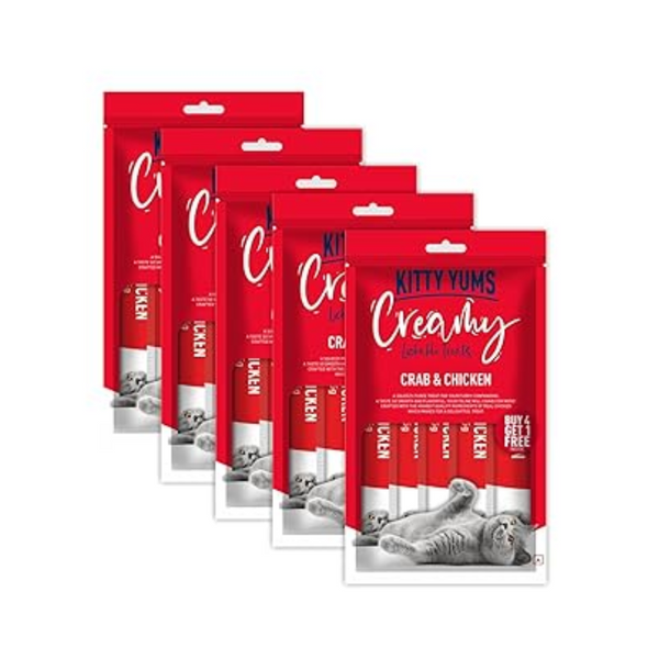 Kitty Yums Creamy Lickable Cat Treat,Crab & Chicken Flavour (Pack of 5 Pouches, 375G) for All Life Stages Ingredients