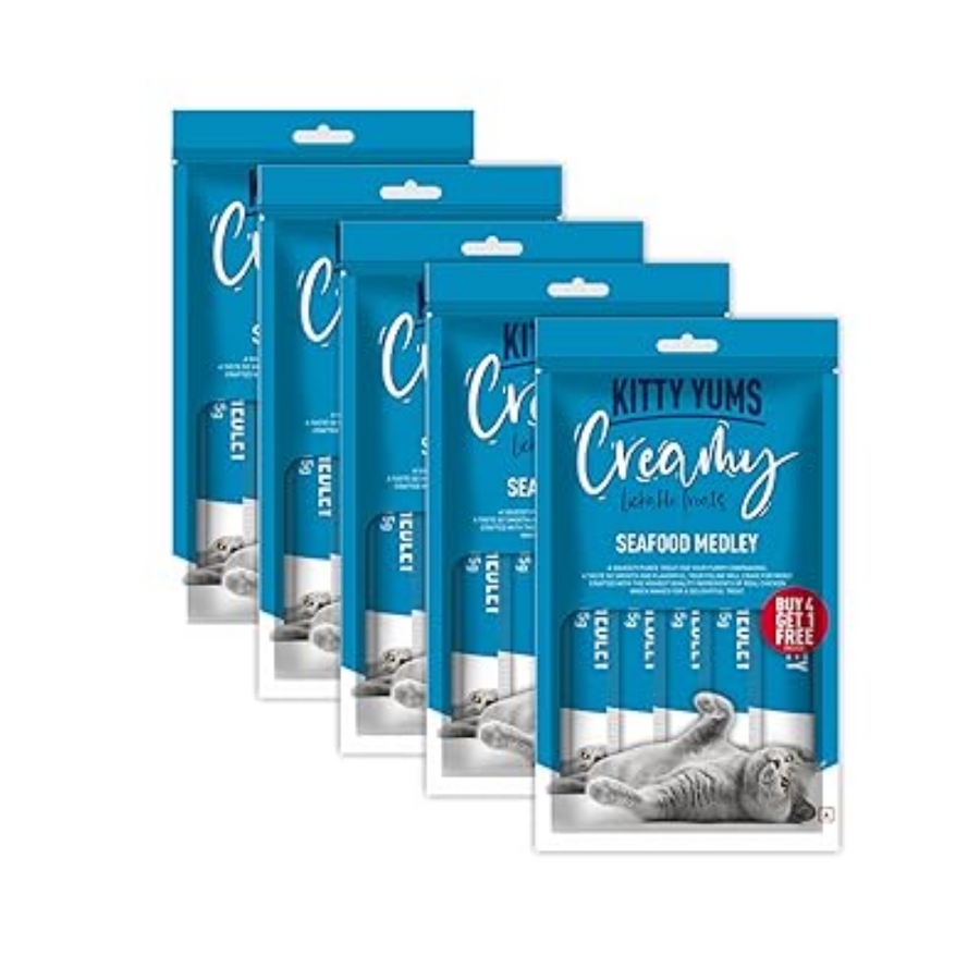 Kitty Yums Creamy Lickable Cat Treat, Seafood Flavour (Pack of 5 Pouches, 375G) for All Life Stages