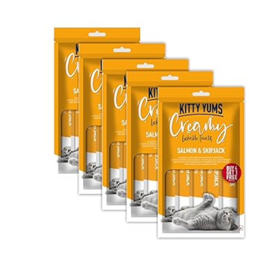 Kitty Yums Creamy Lickable Cat Treat, Salmon & Skipjack Flavour (Pack of 5 Pouches, 375G) for All Life Stages