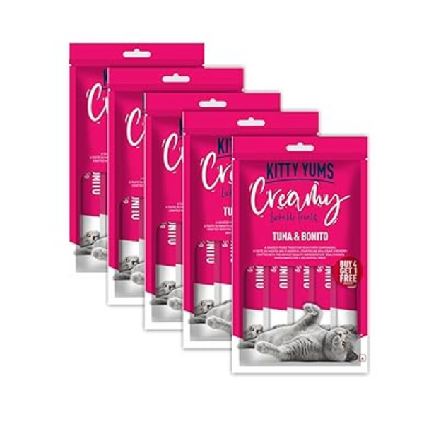 Kitty Yums Creamy Lickable Cat Treat, Tuna & Bonito Flavour (Pack of 5 Pouches, 375G) for All Life Stages Ingredients