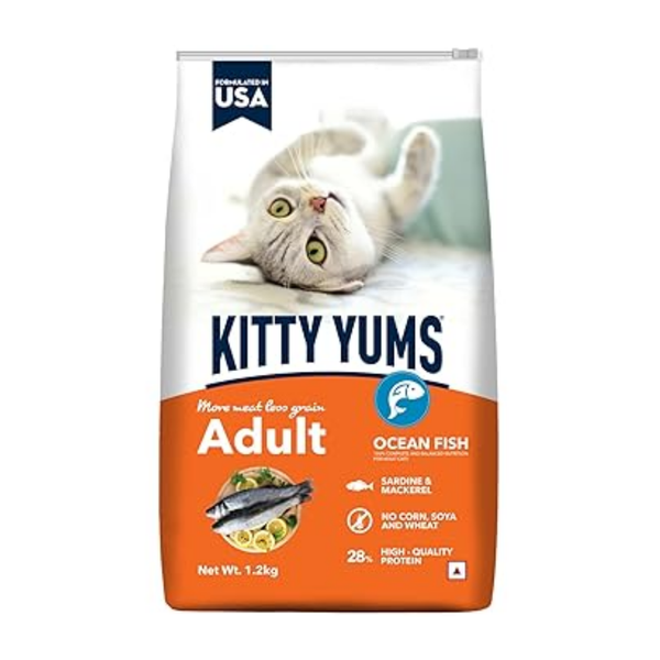 Kitty Yums Adult (+1 Year) Dry Cat Food, Ocean Fish, 1.2kg Pack Ingredients