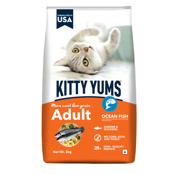 Kitty Yums Adult (+1 Year) Dry Cat Food, Ocean Fish, 3kg Pack Ingredients