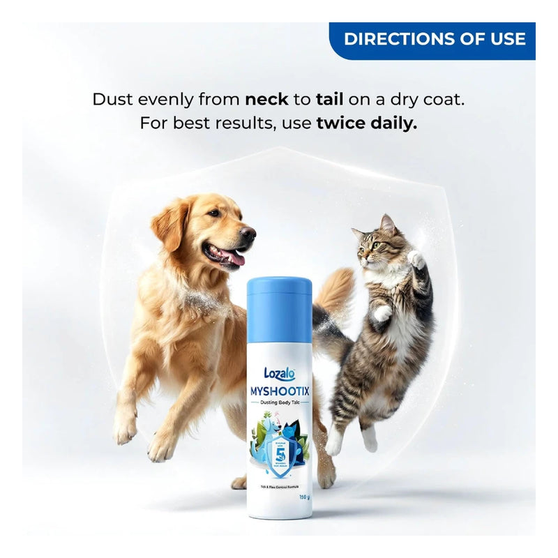 Lozalo Tick and Flea Dusting Powder for Dogs and Cats 150g | Myshootix Anti Tick Flea Control Body Talc for Pets | Pet Skin Care Powder for Itching, Relief and Grooming | Easy to Use Pet Dusting Talc - Image 4