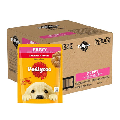 Pedigree Puppy Wet Dog Food, Chicken & Liver Chunks in Gravy, 70 g, Complete & Balanced Meal for Puppies