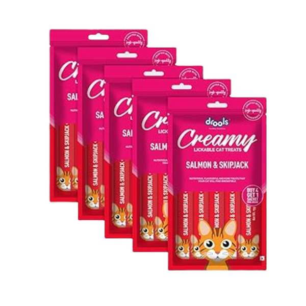 Drools Creamy Lickable Cat Treat Real Salmon & Skipjack (Pack of 5 Pouches, 375g), All Life Stages Ingredients