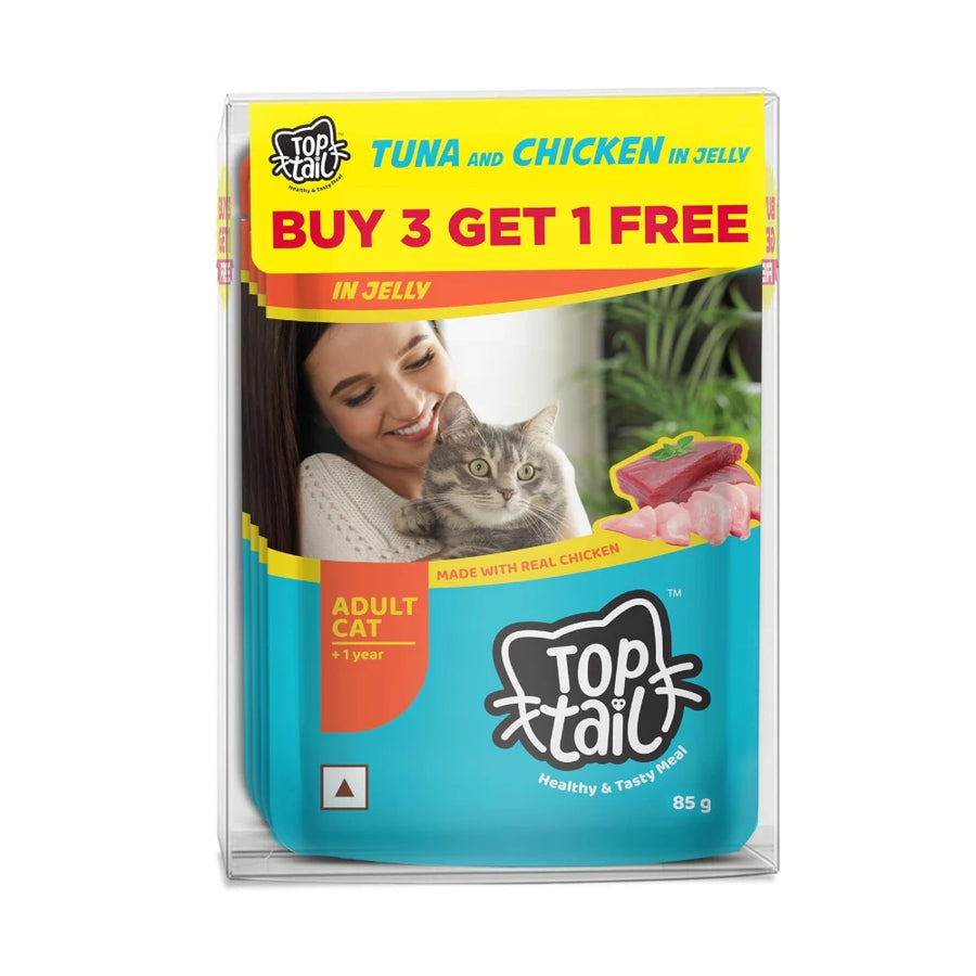 Top Tail Wet Food in Jelly 340g (85g x 4 Pouches) | Tuna & Chicken Recipe | Lickable Cat Snack | High Protein Complete Meal | Prebiotics & Taurine Enriched