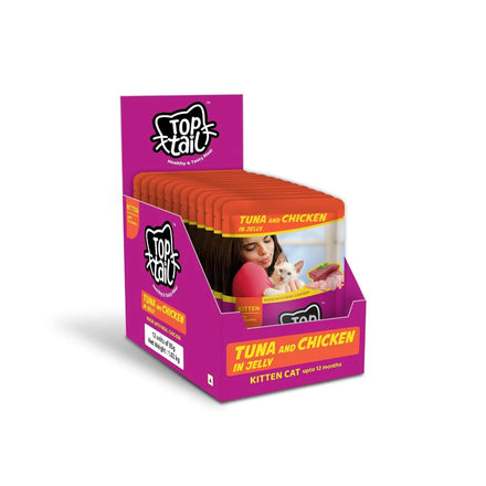 Top Tail Wet Kitten Cat Food Jelly 12 Pouches, (Upto 12 Months), Made with Real Tuna Fish & Chicken | Kitten Cat Food High Protein & Omega 3, Healthy Skin & Coat | (85g Each Pack)