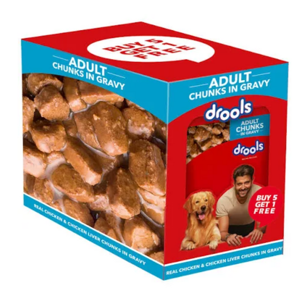 Drools Real Chicken & Chicken Liver Chunks in Gravy Adult Dog Wet Food 150g (5+1) Ingredients