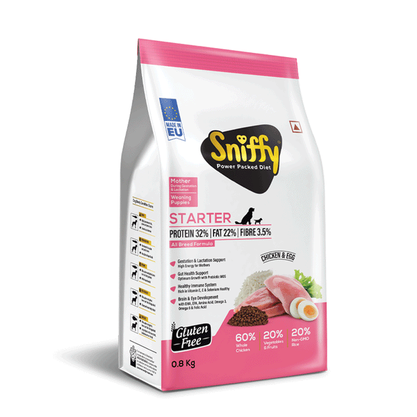 Sniffy Starter Dry Dog Food - 800 gm for Pregnant Mother & Weaning Puppy | Real Chicken & Egg Ingredients