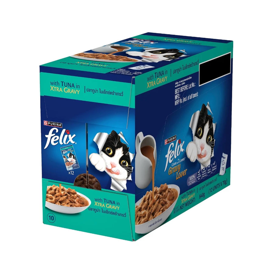 Purina Felix Tuna Gravy Lover, Wet Food for Adult Cats, Pack of 12 (12x70g)