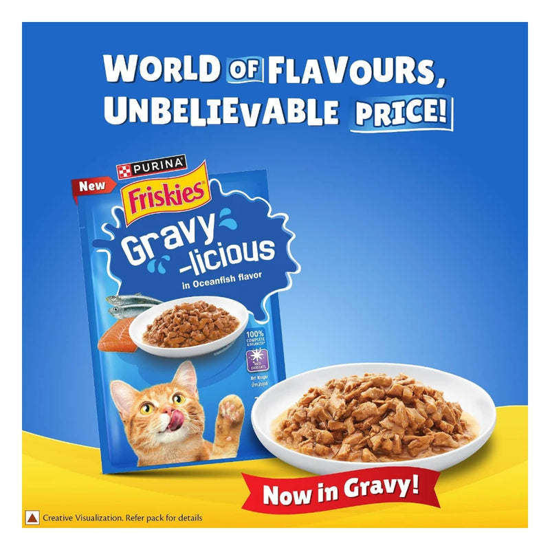 Purina Friskies Gravy-Licious Cat Food in Ocean Fish Flavour, Wet Cat Food, Balanced Nutrition, Pack of 12, (70g x 12), 840g - Image 5