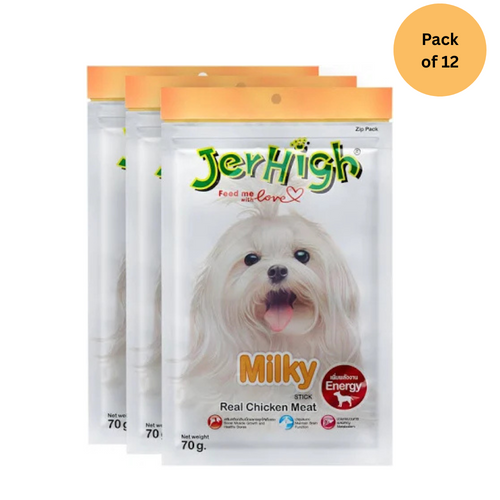 JerHigh Milky Stick Chicken Meat Snacks for Dog- All Life Stages, 70g (Pack of 12)